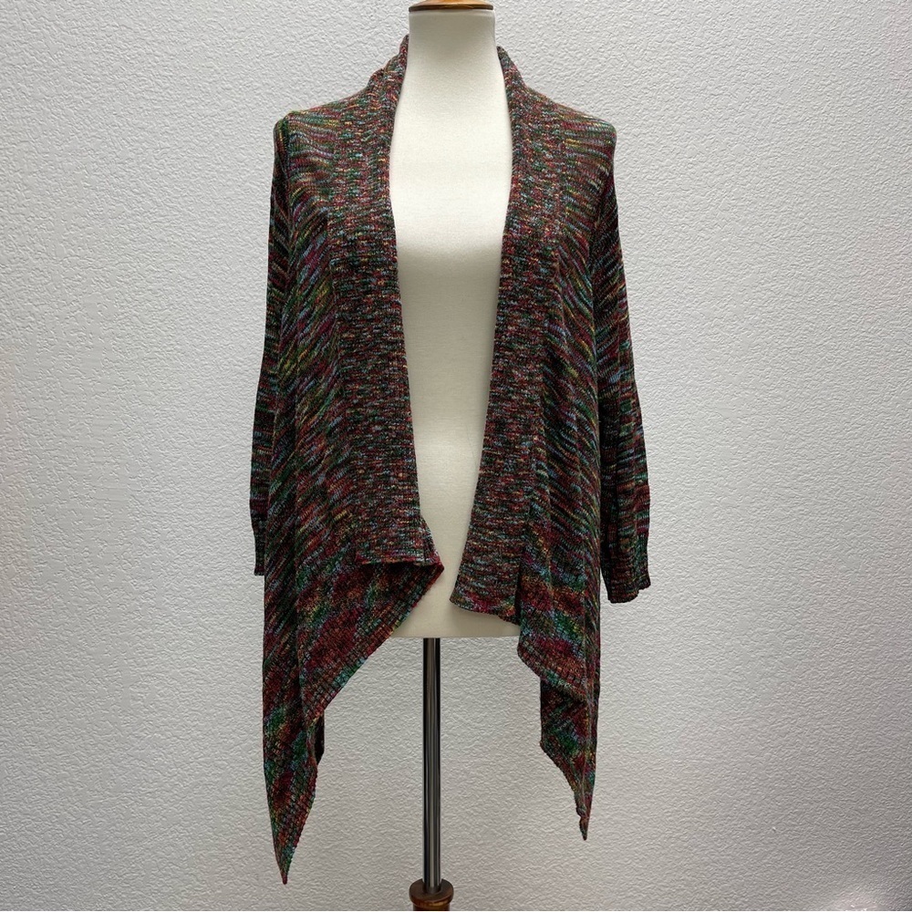 Kaktus Womens Large Open Front Cardigan Sweater Orange Brown Green Asymmetrical